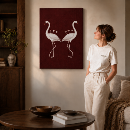 White flamingo wall art on a burgundy background displayed above a sofa.