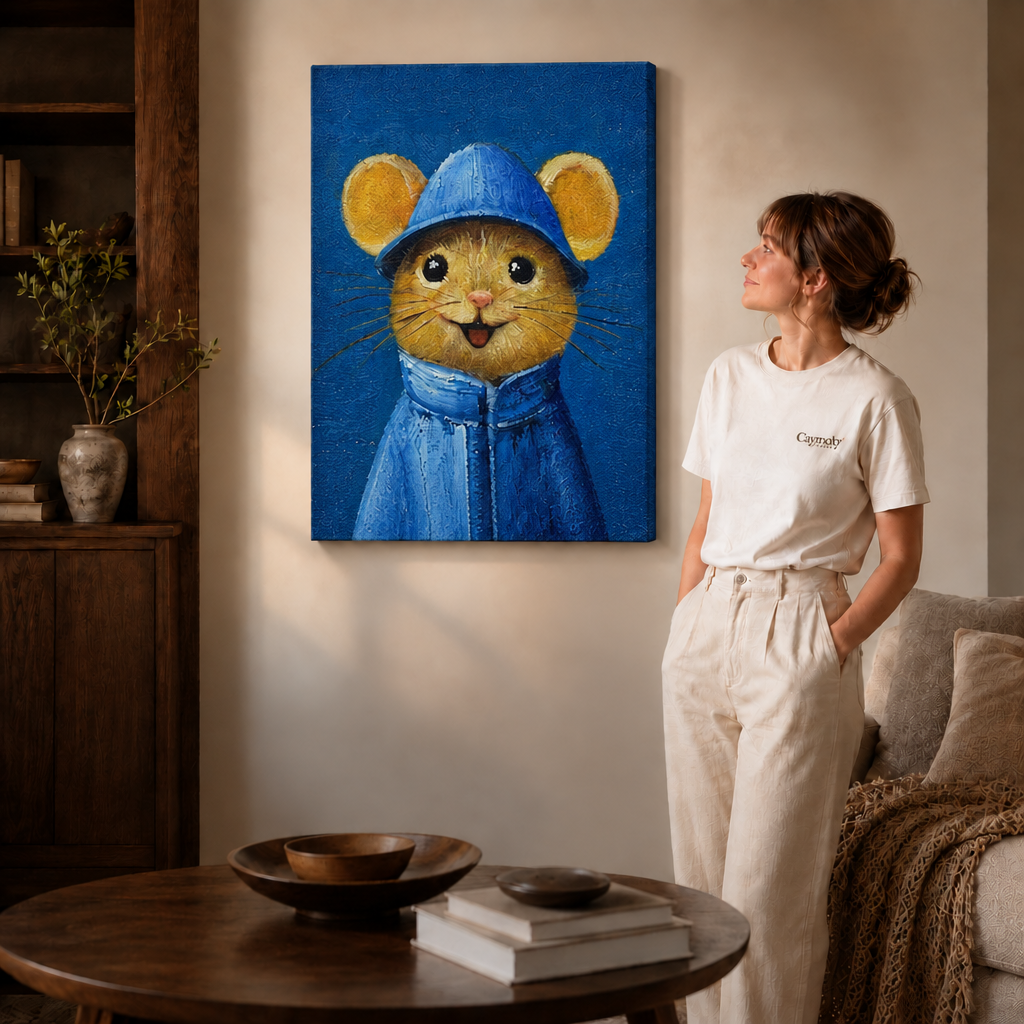 Storybook-inspired wall art centered on a mouse in blue.