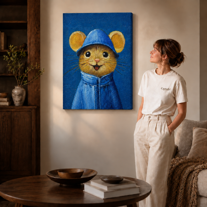 Storybook-inspired wall art centered on a mouse in blue.