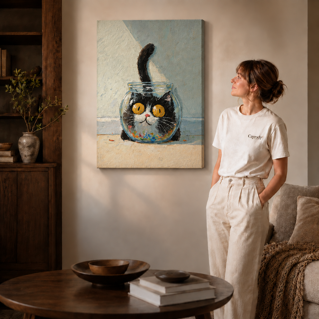 Painterly black and white cat in a glass bowl canvas displayed beside a woman in a bright room.