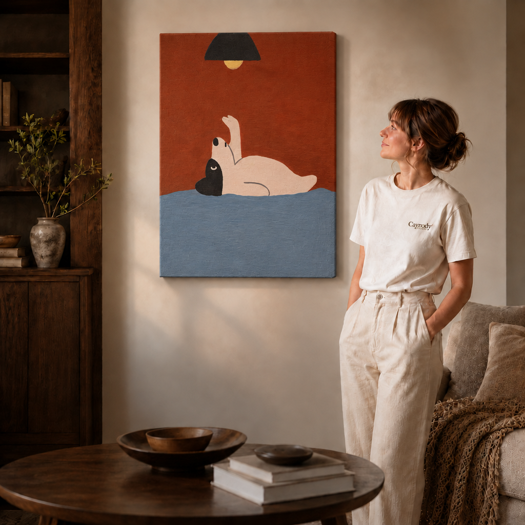 Gallery-wrapped playful dog canvas wall art hanging frameless on a beige wall beside a round coffee table.