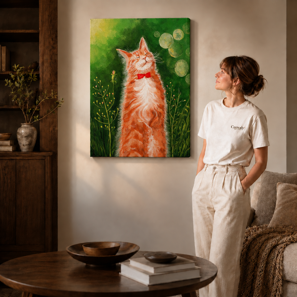 Orange cat portrait canvas displayed above a sofa beside a woman in white.