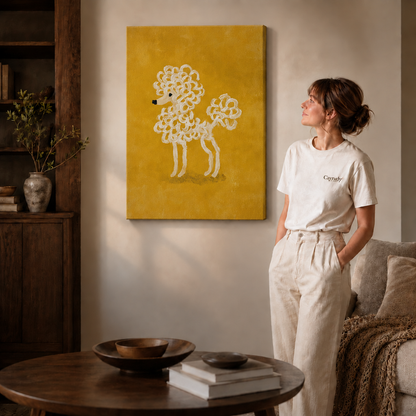 Fluffy white dog canvas print displayed beside a woman in a bright, neutral living room.