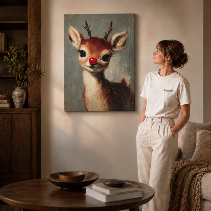Gallery-wrapped canvas shows the full reindeer portrait with branching antlers, cream chest, and dark brown coat.