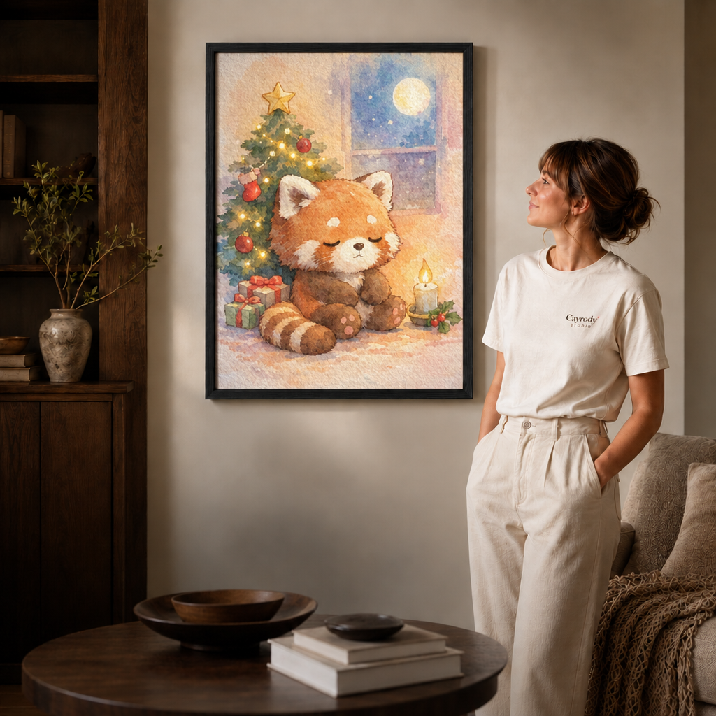 Watercolor raccoon holiday artwork in a slim black frame beside a woman.