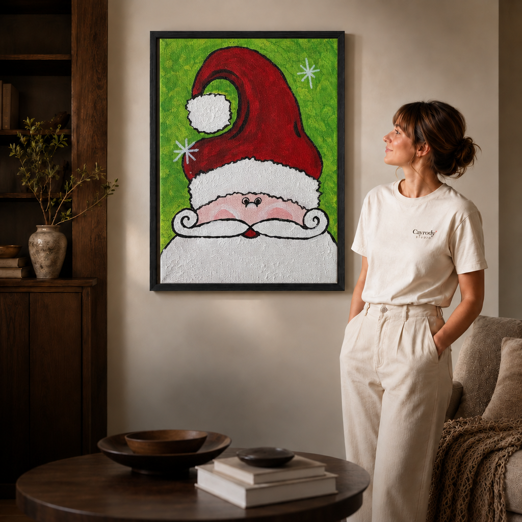 Black-framed Santa Claus canvas displayed beside a woman in a bright, neutral living room.