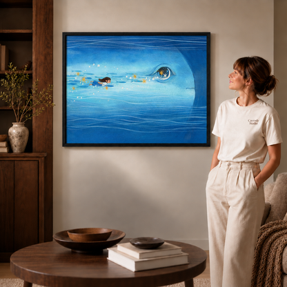 Woman in a white t-shirt beside a whale canvas wall art in a slim black frame.