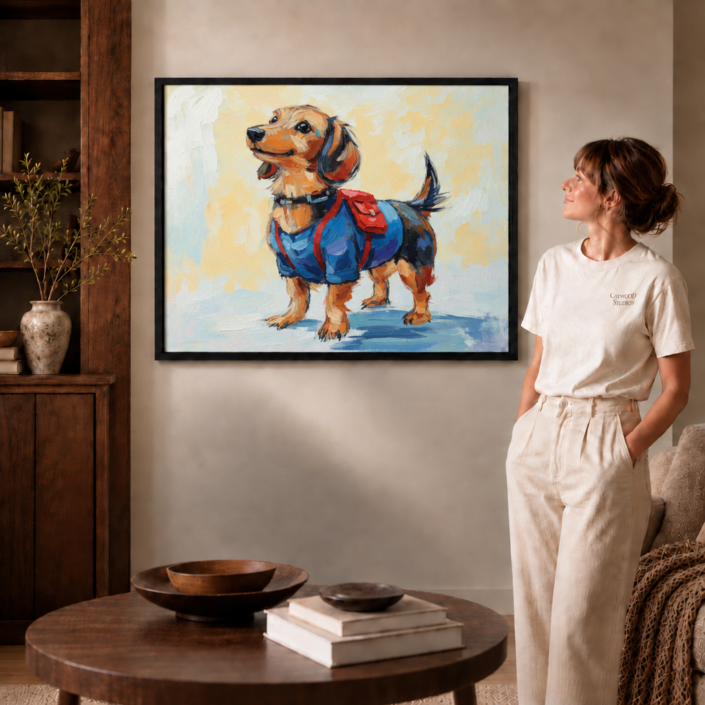 Woman in a cream T-shirt beside the black-framed dachshund painting in a warm living room