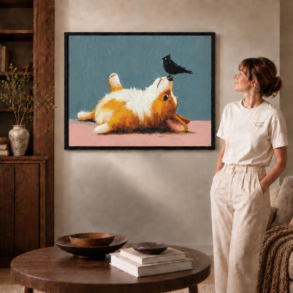 Woman in cream T-shirt beside a black thin frame of playful corgi canvas wall art in a warm living room.