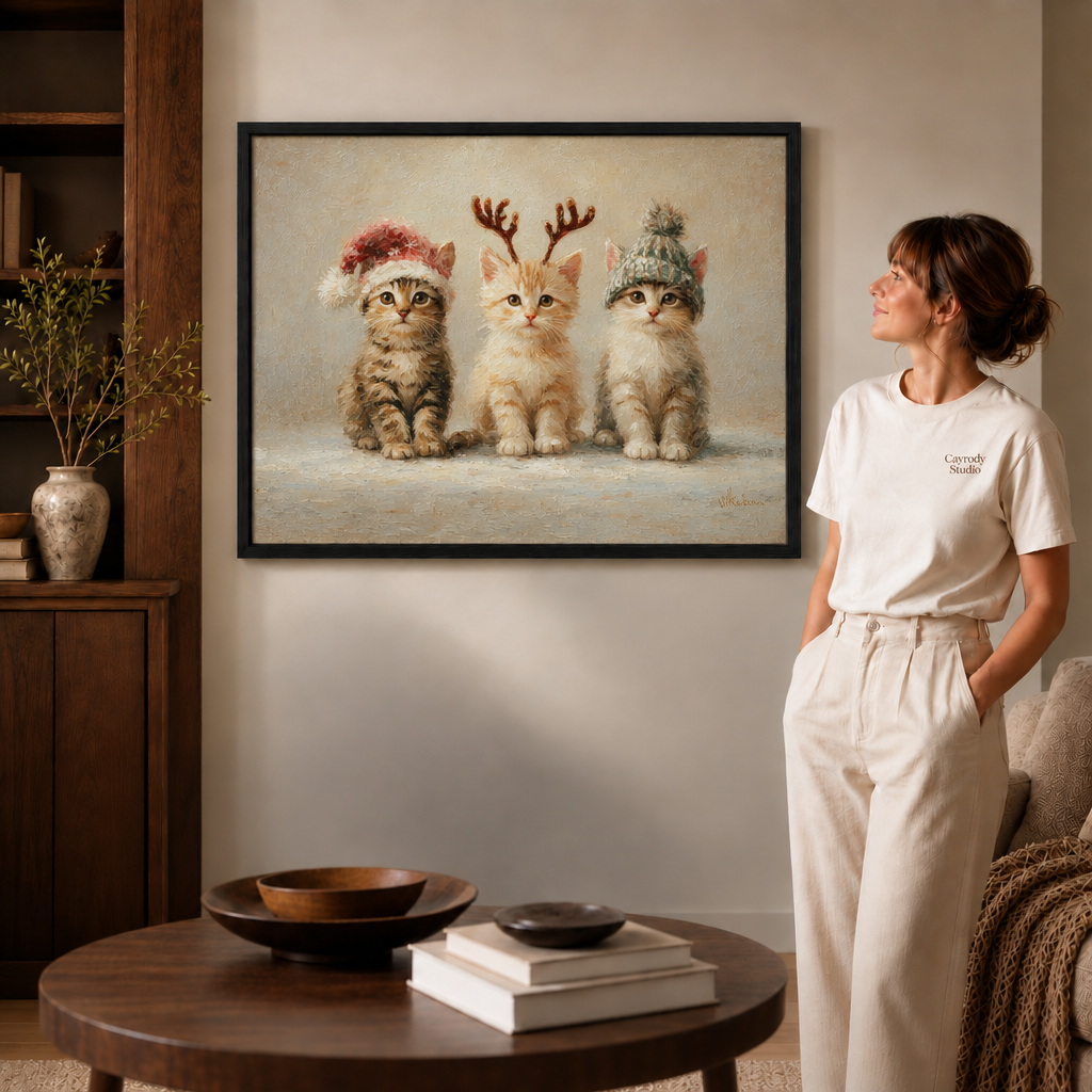 A woman in a cream T-shirt beside a black-framed canvas of three kittens in Christmas hats.