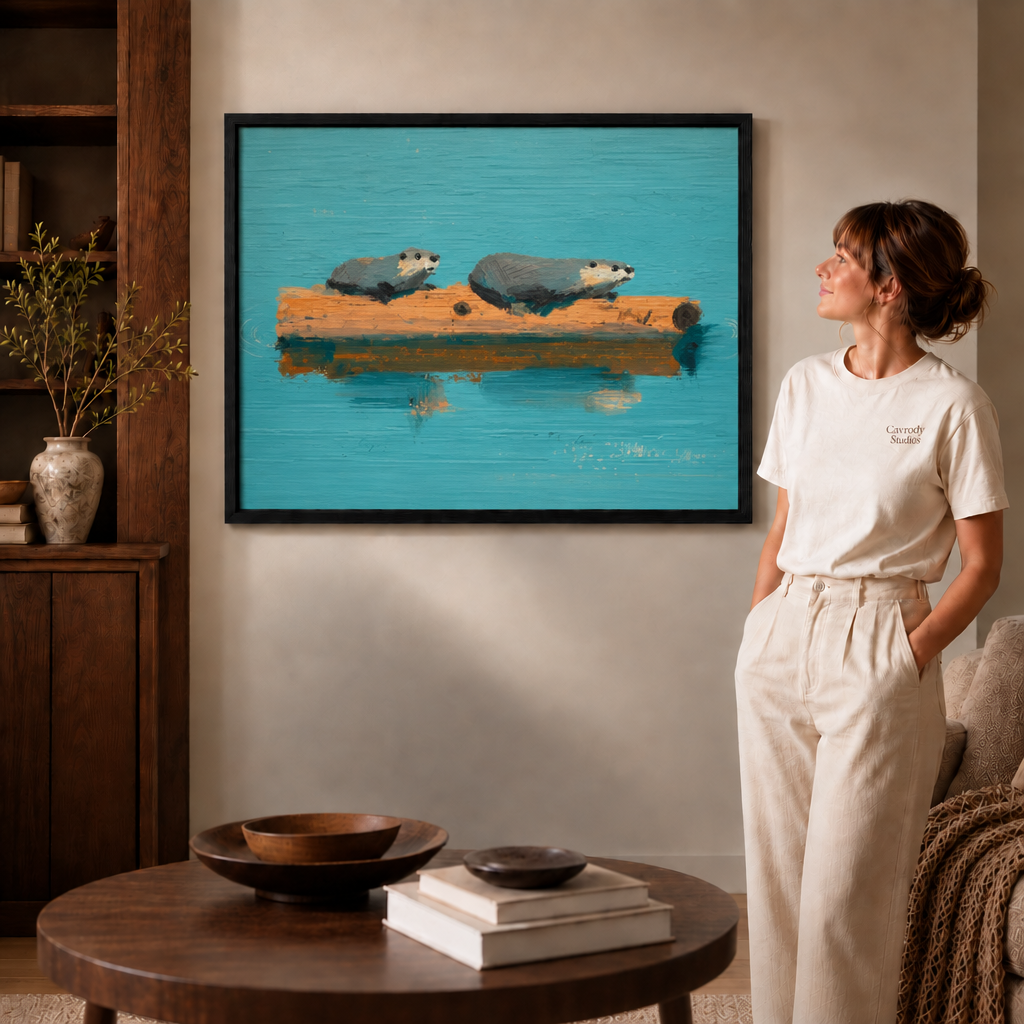 Woman in a cream T-shirt beside the black-framed otter painting in a warm living room