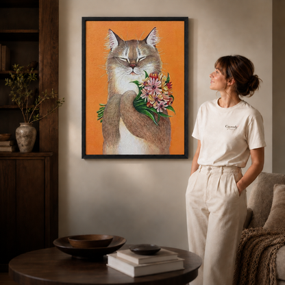 Woman in a white t-shirt stands beside cat with flowers canvas wall art in a black frame, modern living room.