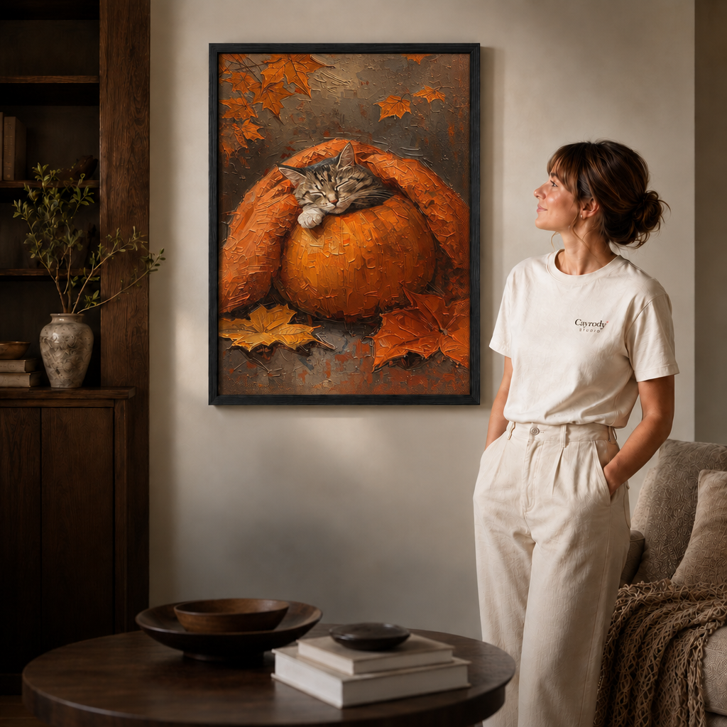 Pumpkin cat canvas displayed beside a woman in a softly lit contemporary living room.