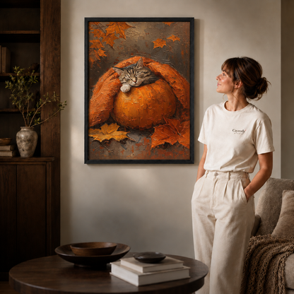 Pumpkin cat canvas displayed beside a woman in a softly lit contemporary living room.
