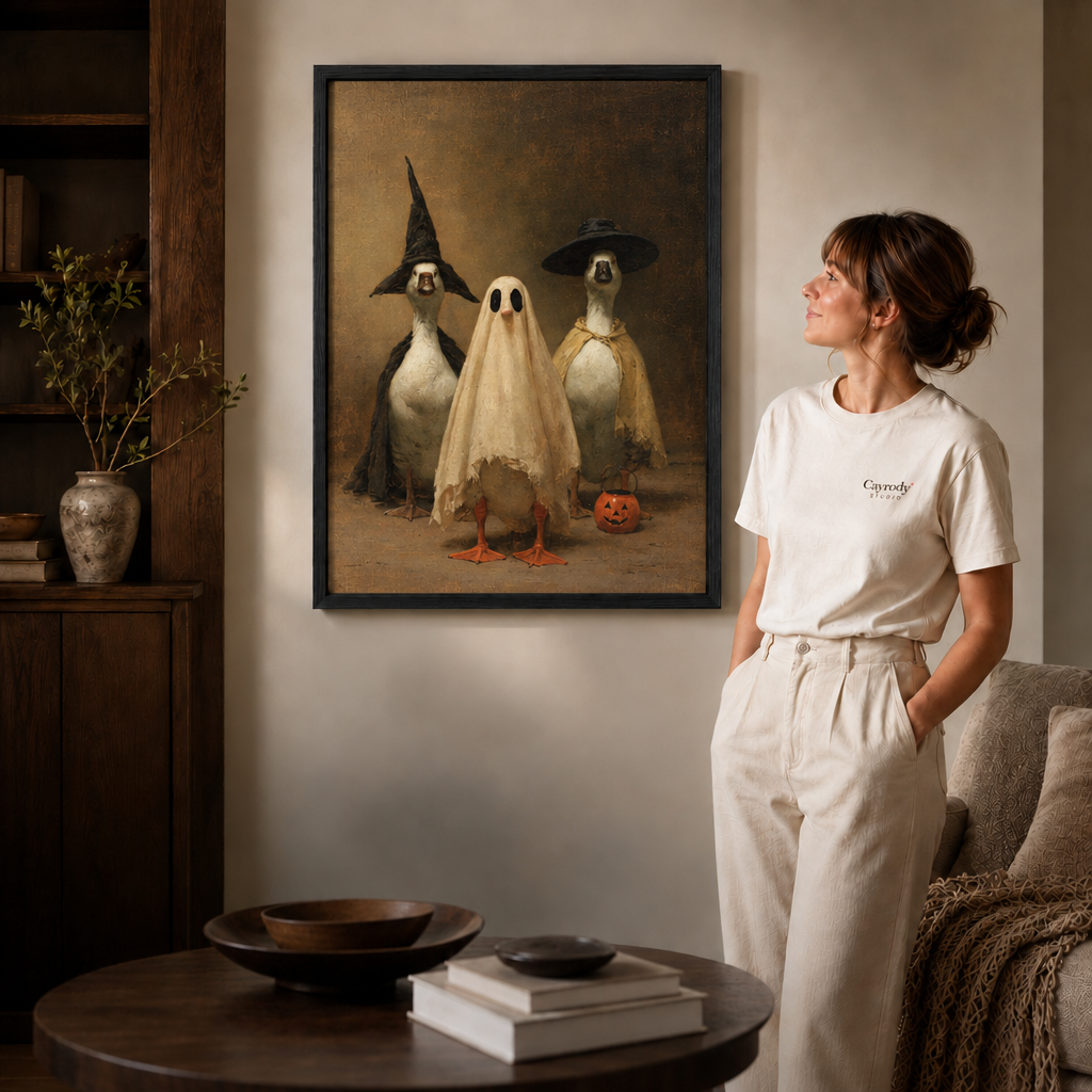 Playful Halloween duck canvas art styled as cheerful autumn wall decor.