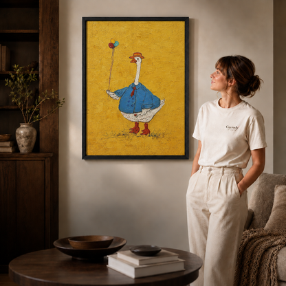 Black-framed goose canvas art on a living room wall beside a woman in white.