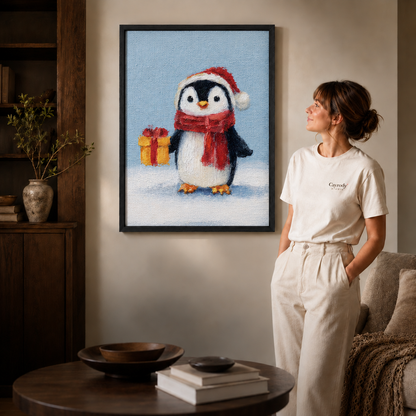 A woman stands beside framed Christmas penguin wall art featuring a Santa hat, red scarf, and gift.