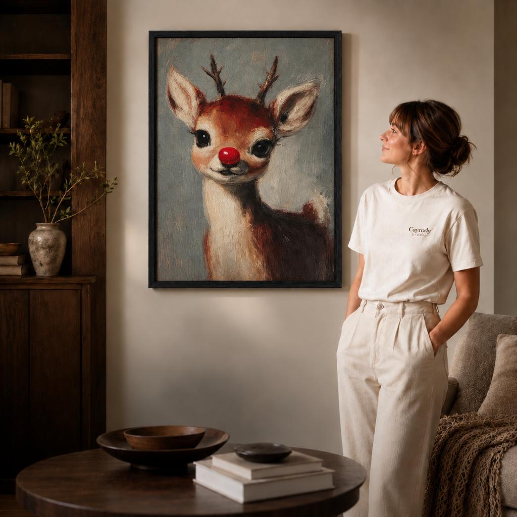 Slim black-framed reindeer art features a cream-chested fawn, chestnut fur, large ears, and a festive red nose.