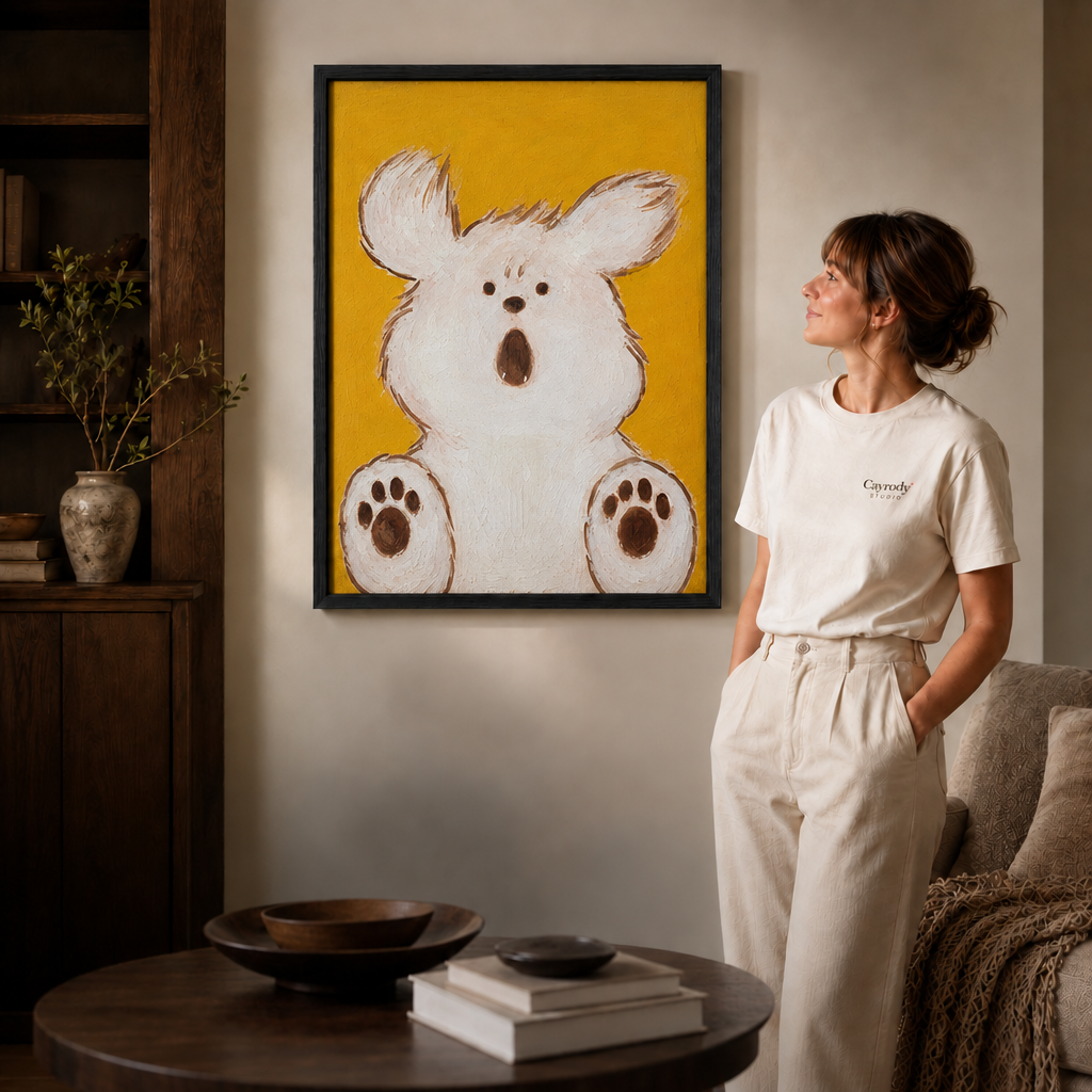 Woman in a white t-shirt stands beside white dog canvas wall art in a black frame, modern living room.