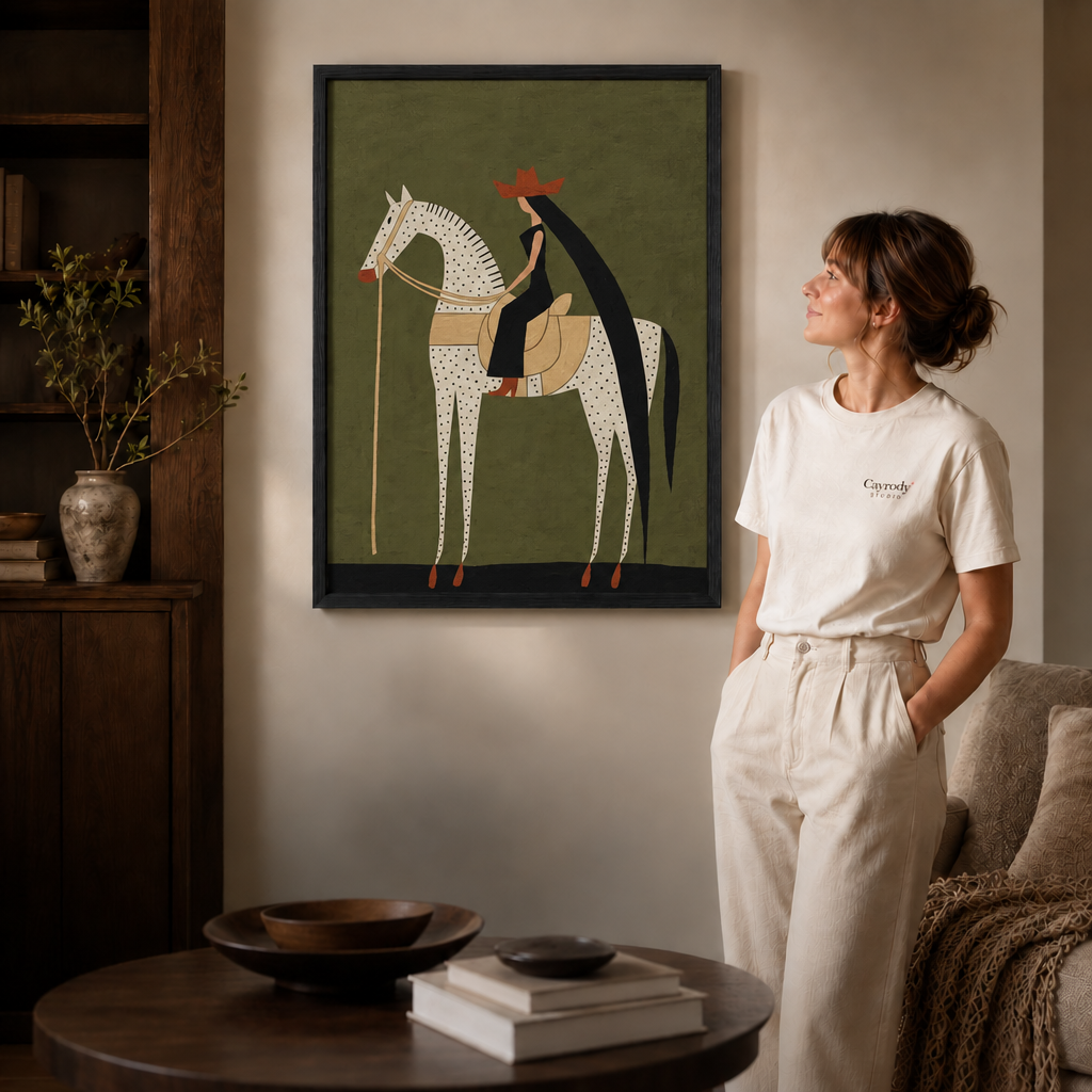 Framed abstract horse art shown close up with a white-clad model in a modern living space.