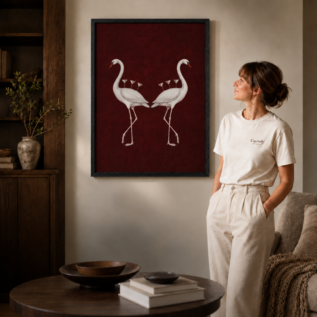 Framed flamingo canvas art shown close up with a white-clad model in a modern living space.