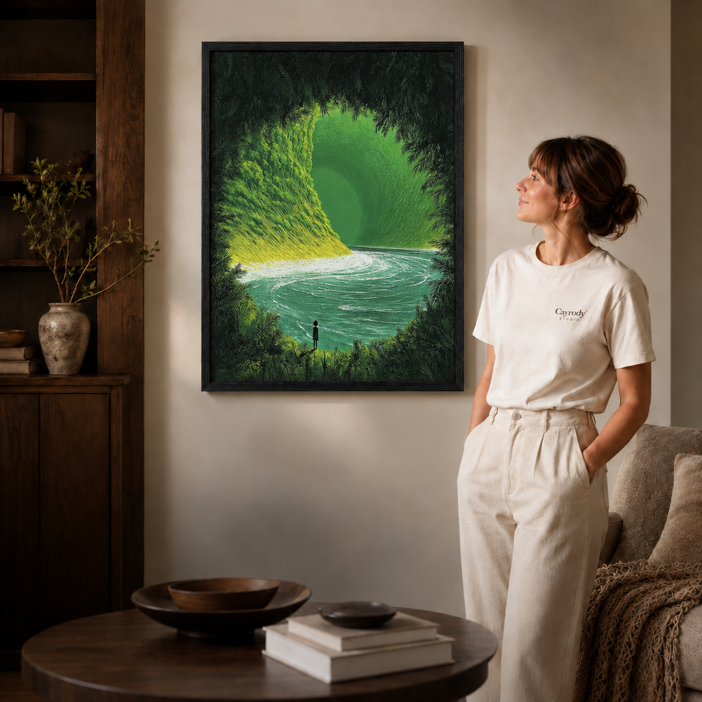 Woman in a white tee admiring a black-framed green wave canvas wall art in a warm, styled interior.