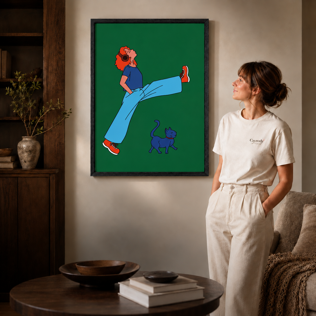 Woman in a white tee admiring a black-framed headphones girl canvas wall art and blue cat illustration.