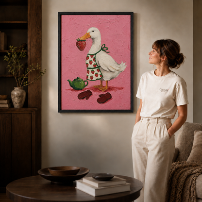 Duck with strawberry canvas wall art in a black frame, modern living room.
