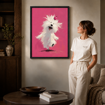 White dog canvas art in a black frame beside a woman in a white shirt.