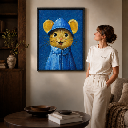 Playful mouse canvas artwork with a blue-clothed character.