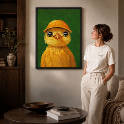 Canvas chick portrait displayed beside a woman in a white shirt and a round coffee table.