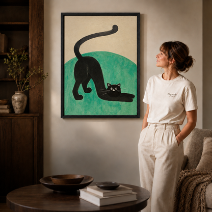 a black-framed black cat canvas wall art with playful naive brushwork.