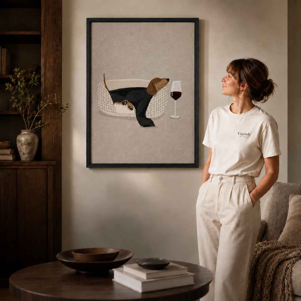  Unframed black cat and teacups canvas beside a woman in a cozy living room.