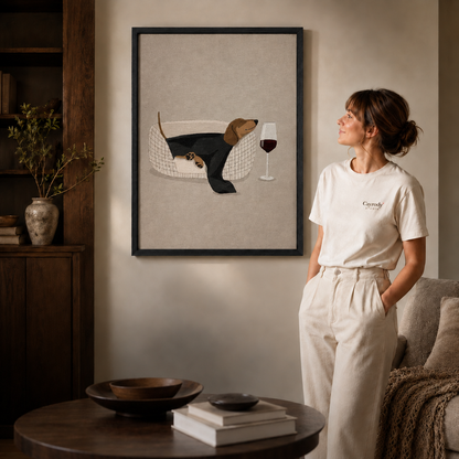  Unframed black cat and teacups canvas beside a woman in a cozy living room.