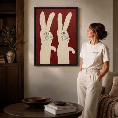a black-framed white rabbit canvas wall art with naive brushwork.