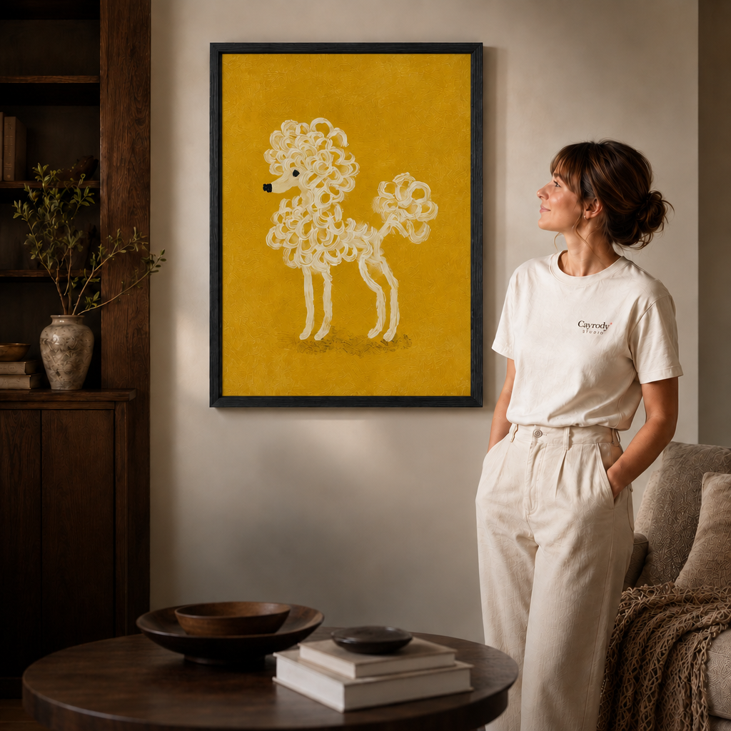 White dog canvas art in a black frame beside a woman in a white shirt.