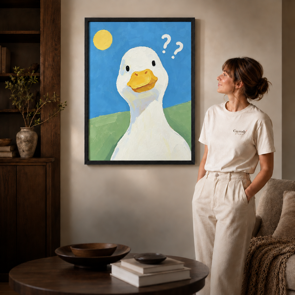 Gallery-wrapped duck canvas with a blue sky and yellow sun displayed beside a sofa and coffee table.