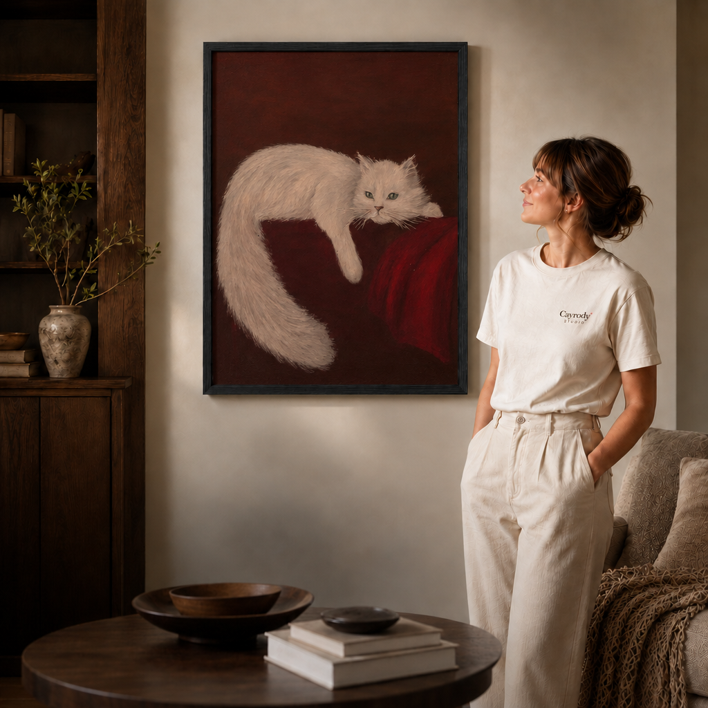 a black-framed white cat canvas wall art with classical brushwork.