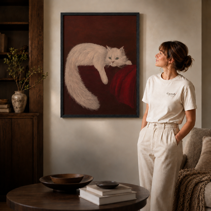 a black-framed white cat canvas wall art with classical brushwork.