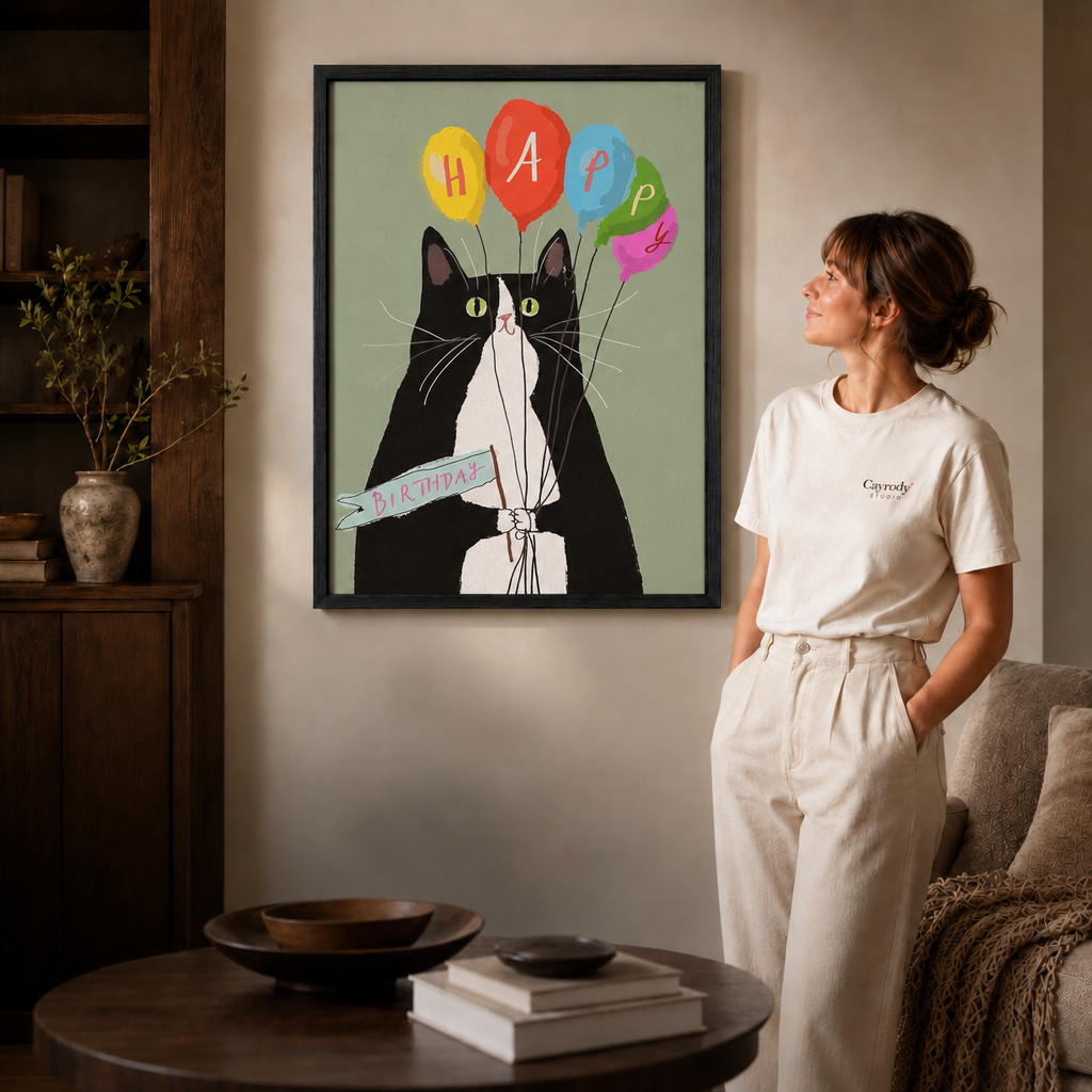 Black-framed canvas shows a tuxedo cat holding birthday balloons.