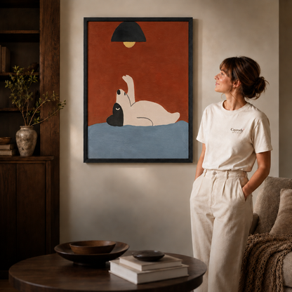 a black-framed playful dog canvas wall art with naive brushwork.