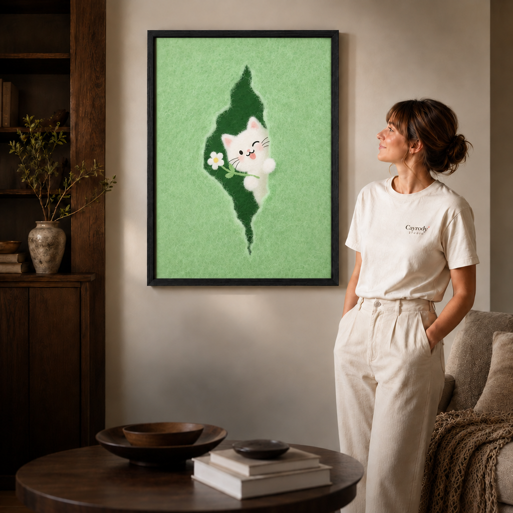 Mint green cat canvas art in a black frame beside a woman in a white shirt.