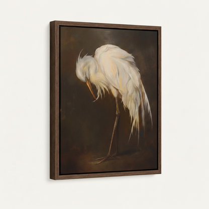 Framed canvas angled view of white egret bowing in shadow with dark umber background and walnut frame