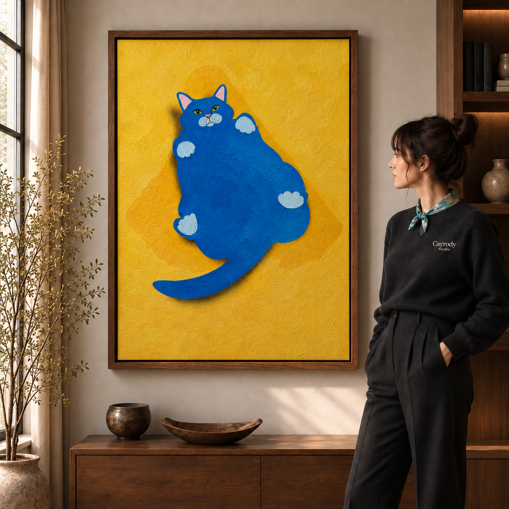 blue cat artwork in the walnut-framed scene 