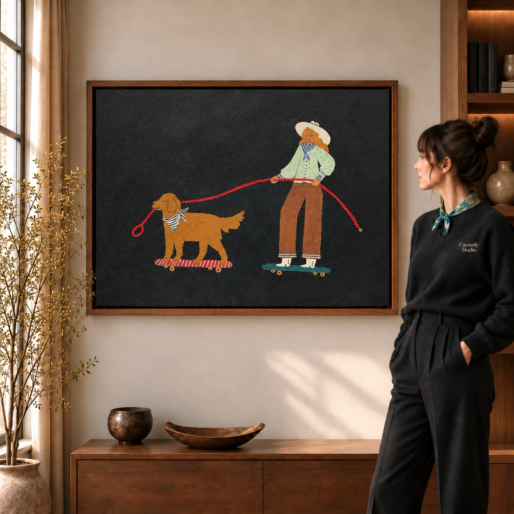a walnut-framed whimsical canvas of a cowgirl and her golden dog riding skateboards.