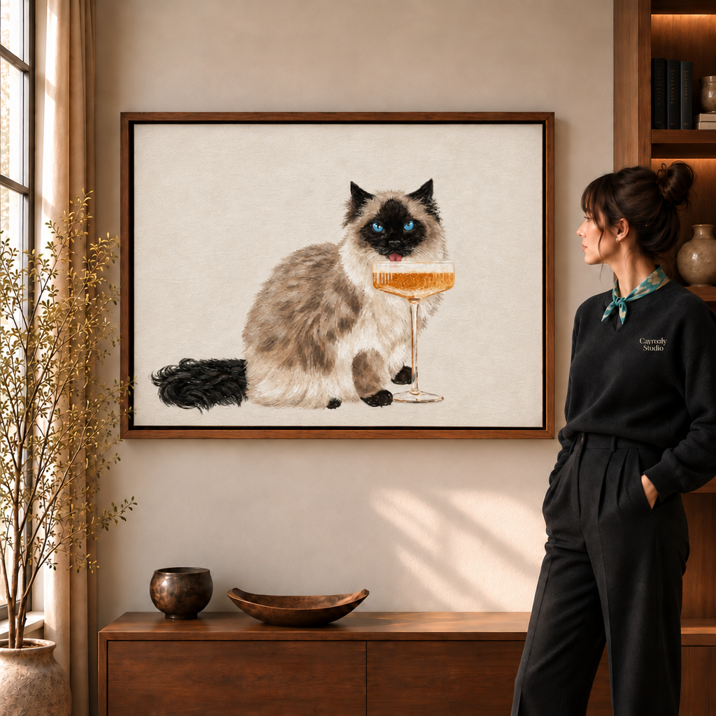 Fluffy blue-eyed cat with champagne glass, whimsical cat wall art in walnut frame.