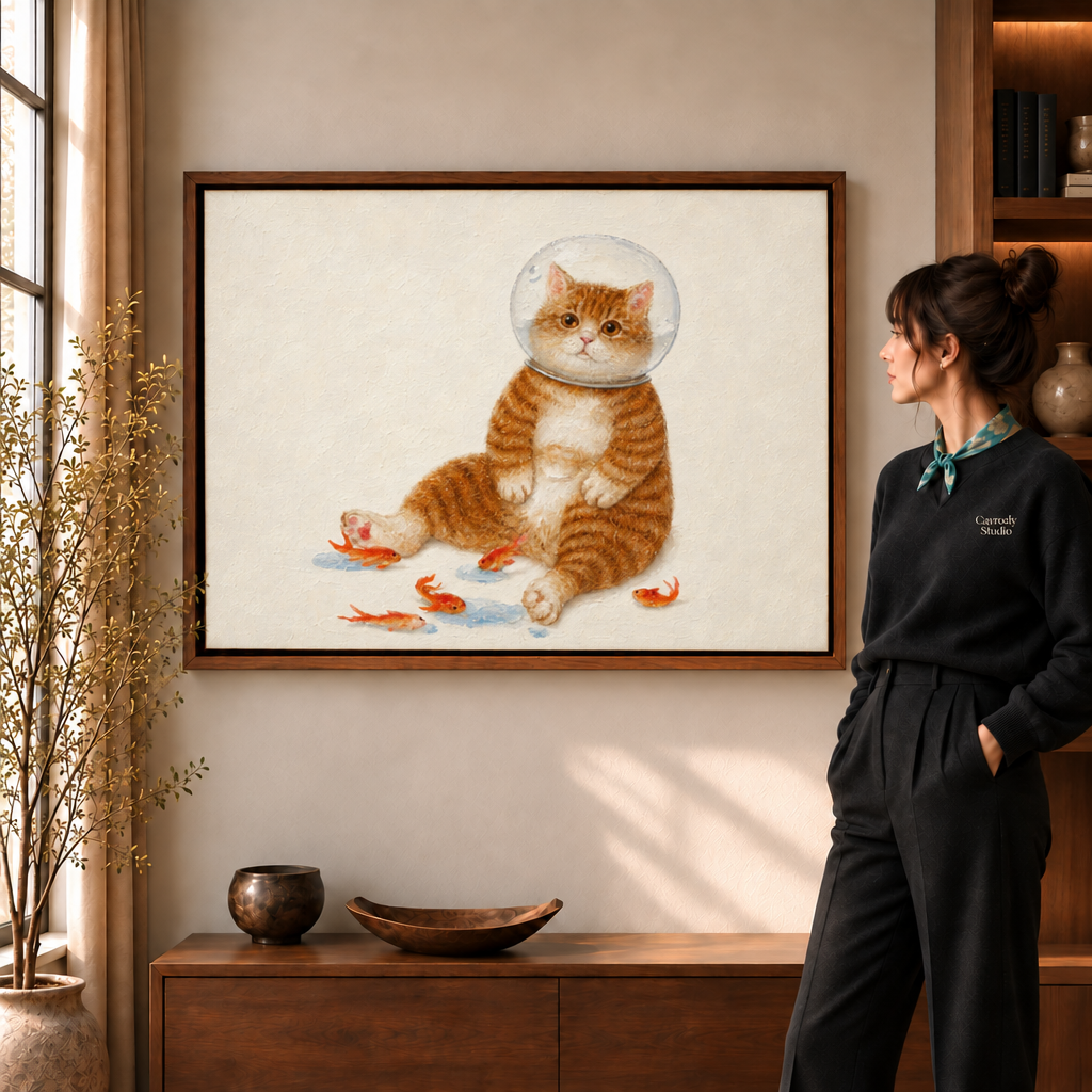 Orange tabby cat with a fishbowl on its head among goldfish, whimsical cat wall art in walnut frame, sunlit room.