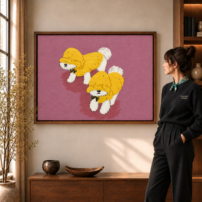a walnut framed print of two yellow raincoat dogs on a pink background