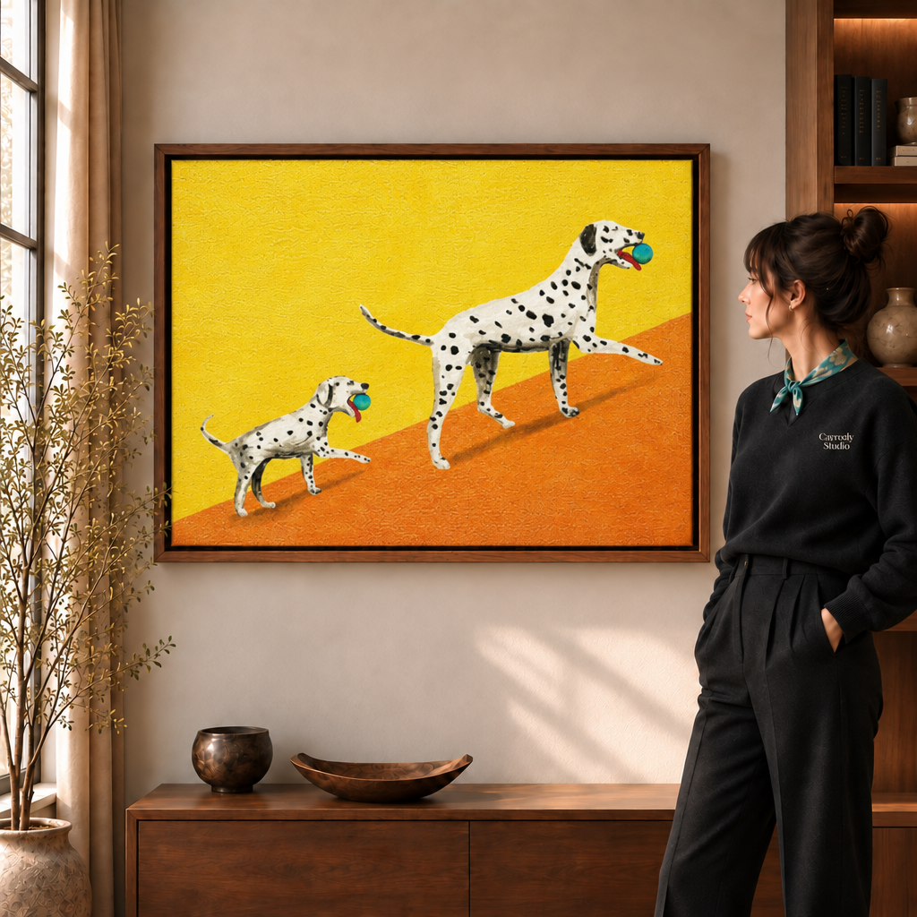 a walnut framed print of two spotted Dalmatians on yellow and orange