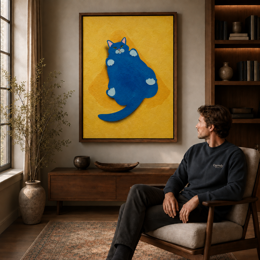 blue cat artwork in the walnut-framed scene